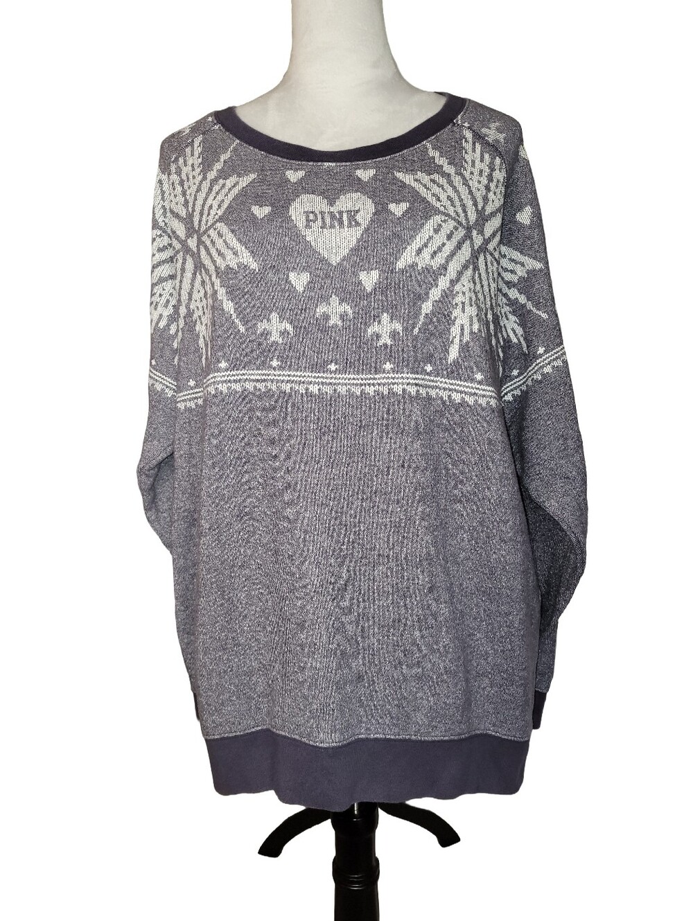 Victoria's Secret Pink Oversized Snowflake Sweater/Tunic Gray White Size Large - Picture 3 of 14